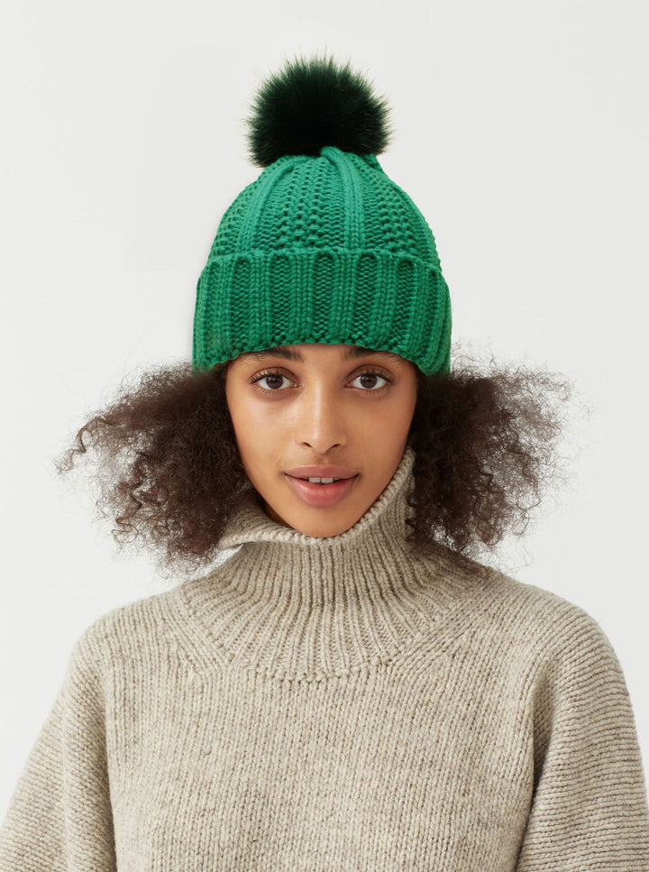 Chunky knit beanie with faux fur pom pom