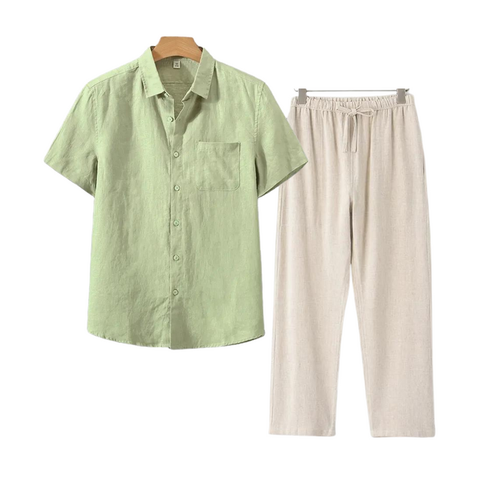Men's Short-Sleeve Shirt and Trousers Set with Button Front