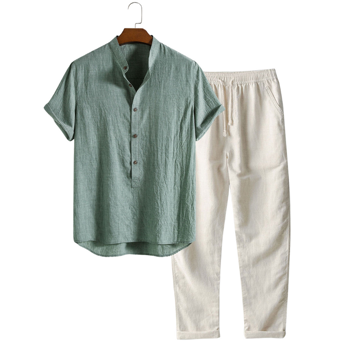 Men's Short-Sleeved Set V-Neck Shirt Drawstring Trousers