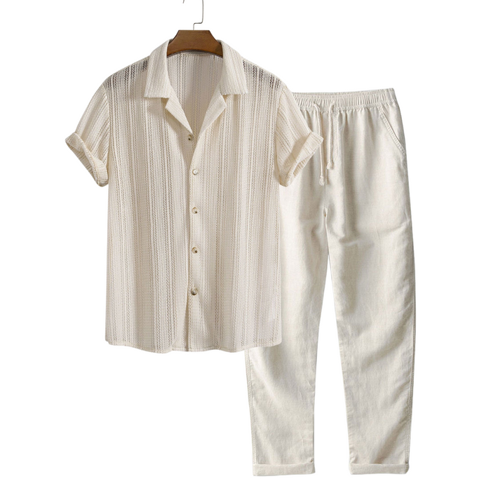Men's Short-Sleeve Shirt and Trousers Set Textured Stripe