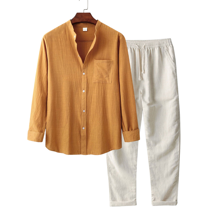 Men's Long-Sleeved Shirt and Trousers Set with Button Front