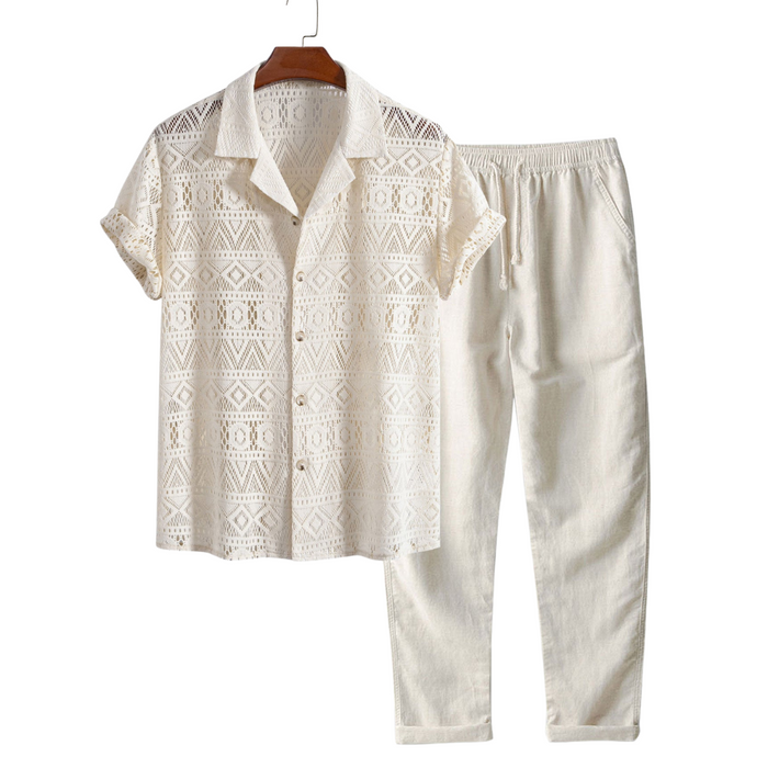 Men's Lace Short Sleeve Shirt Elastic Waist Trousers Set