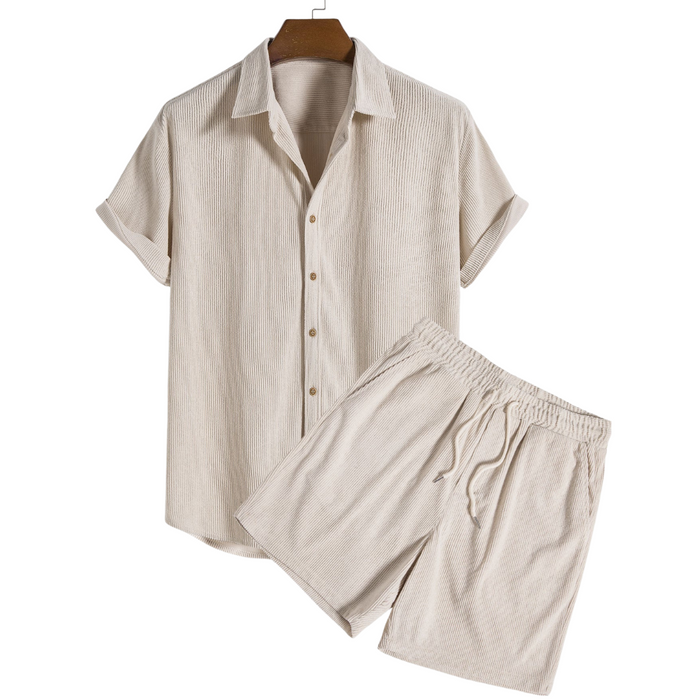 Men's Short-Sleeved Shirt and Shorts Set with Button Front