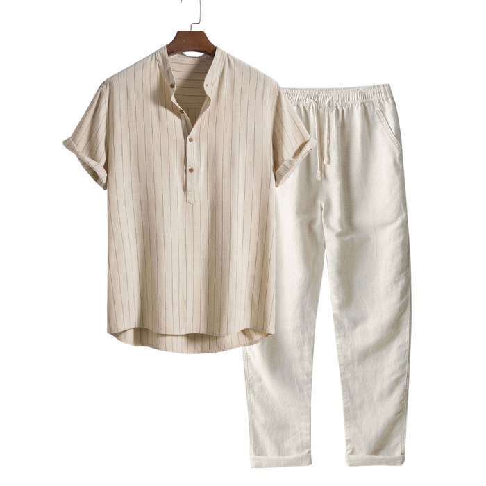 Men's Striped Short-Sleeved Shirt and Trousers Set