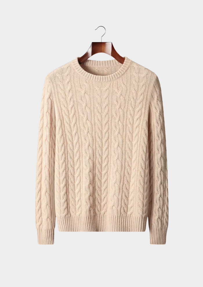 Men's Cable-Knit Crew Neck Jumper with Ribbed Trims