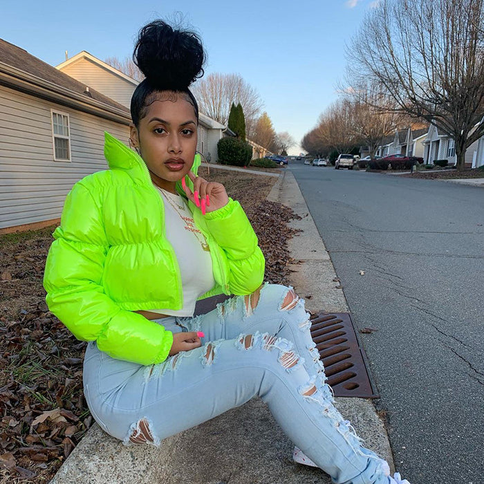 Phoebe | Glossy faux leather cropped puffer jacket