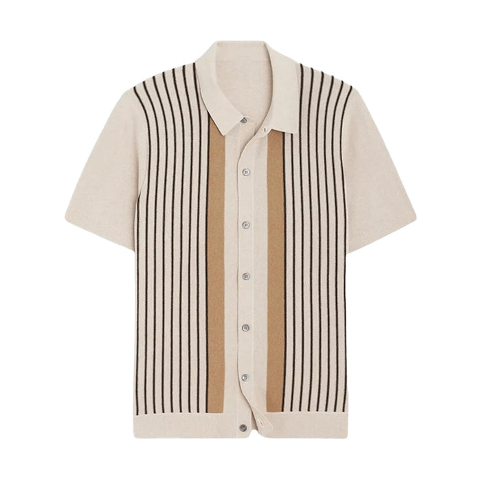 Men's Striped Knit Polo Shirt with Button-Down Front