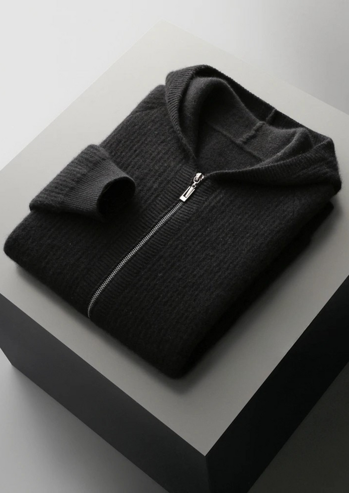 Men's Ribbed Zip-Up Hoodie with Hood and Front Pockets