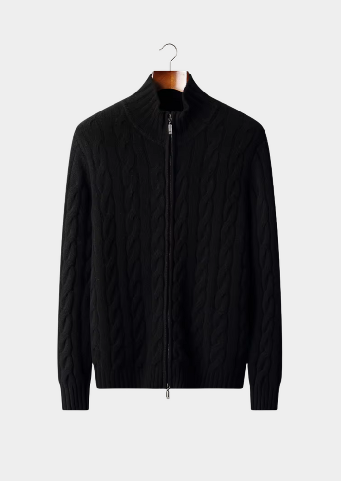 Men's Cable-Knit Zip Cardigan with Stand Collar