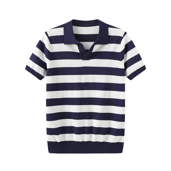 Men's Striped Knit Polo Shirt Short Sleeve V-Neck