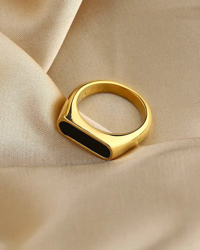 Black Enamel Signet Ring with Gold-Toned Finish