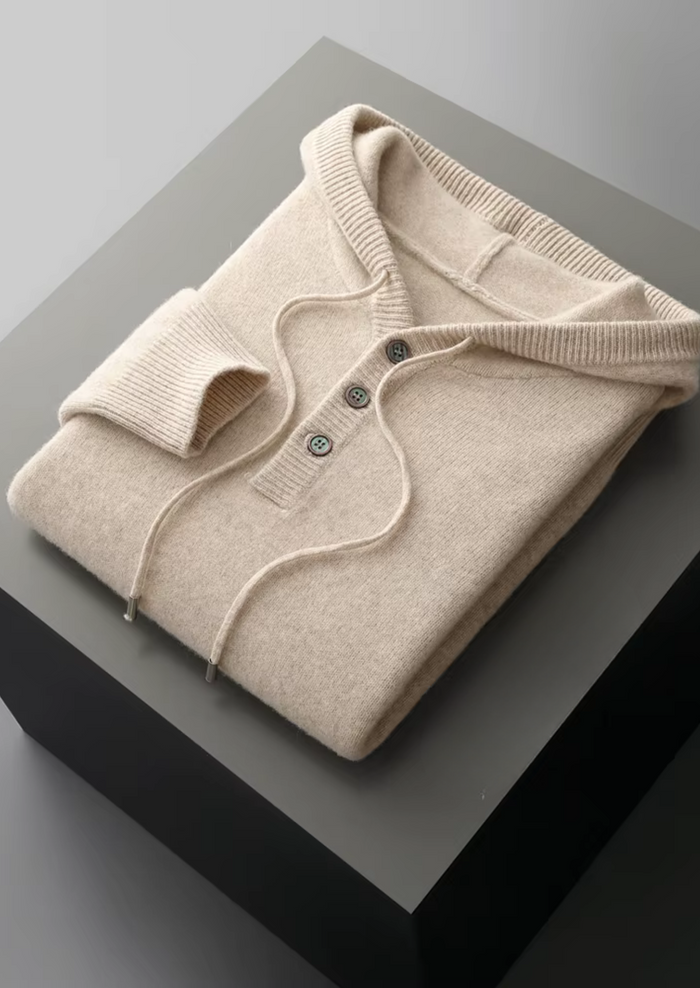 Men's Knit Hoodie with Button Henley Neck and Drawstring