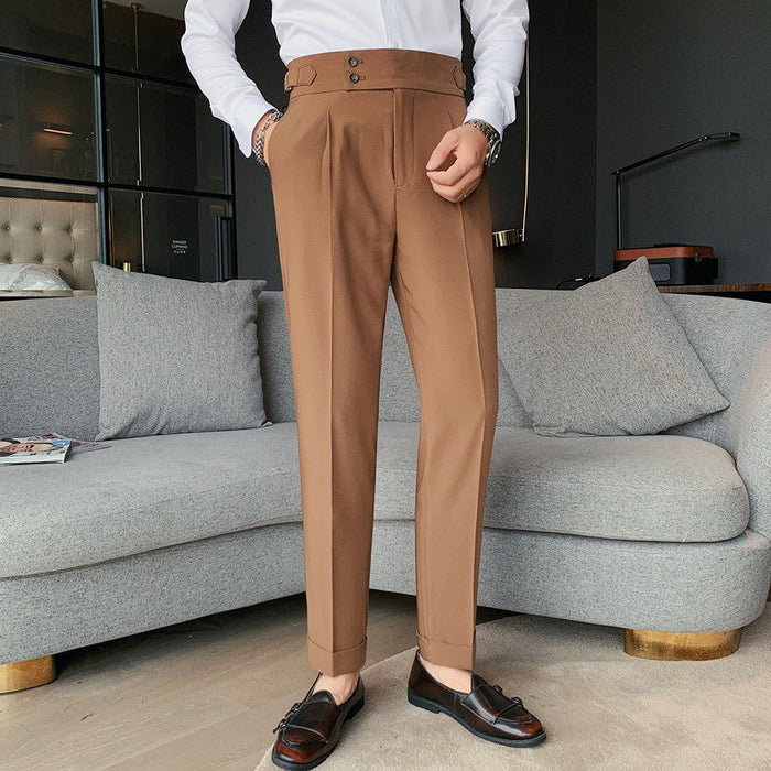 Men's Slim Fit Trousers with Wide Waistband and Pleats