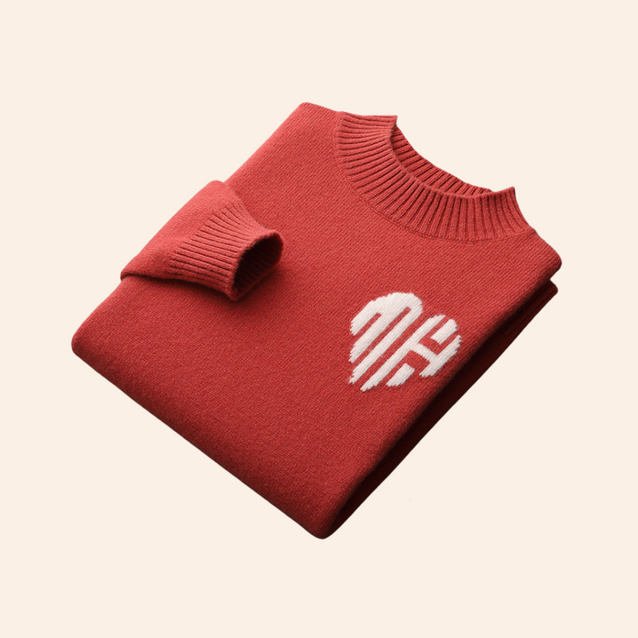 Heart Motif Crew Neck Jumper with Ribbed Collar