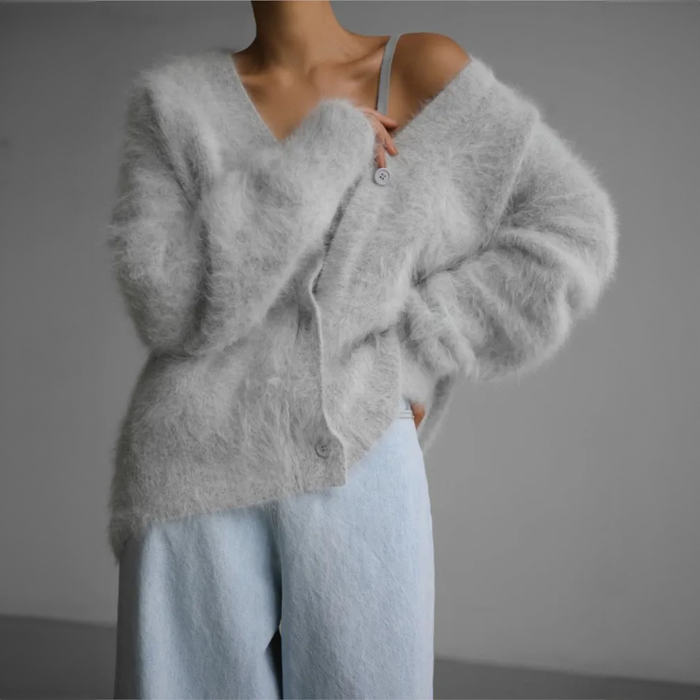 Women's Fuzzy Cardigan with Button Front and V-Neck