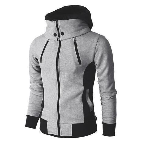 Man in a slim grey zip-up hoodie jacket