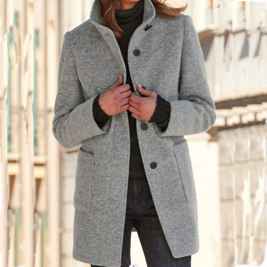 Woman wearing stand collar wool-look coat