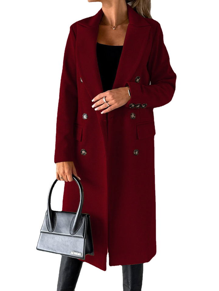 Woman in long double-breasted coat