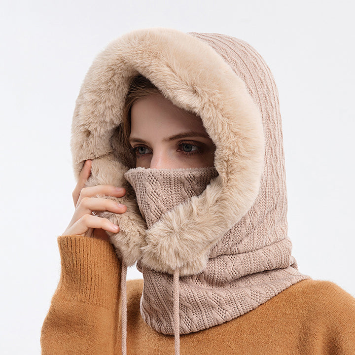 Knitted hood with faux fur trim