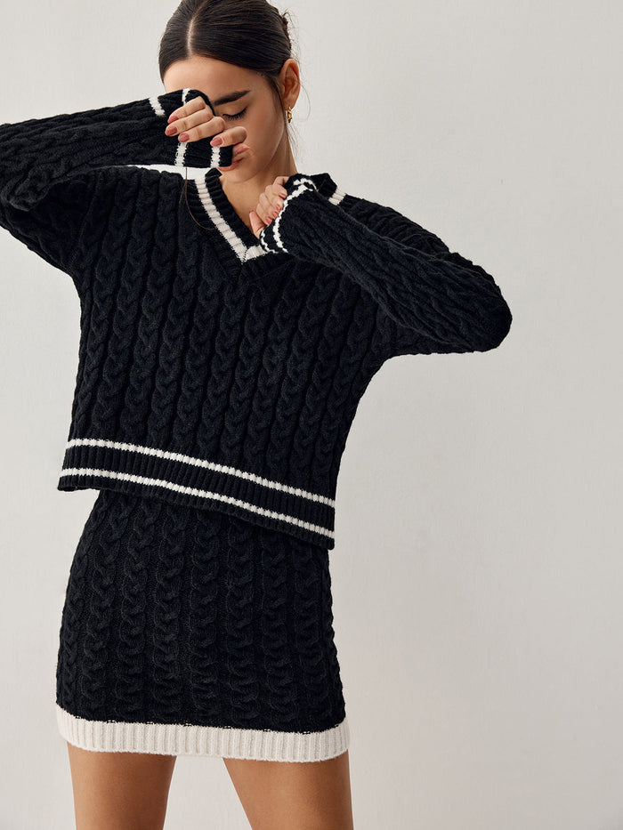 Women's Cable Knit Jumper and Skirt Set with Stripe Trim