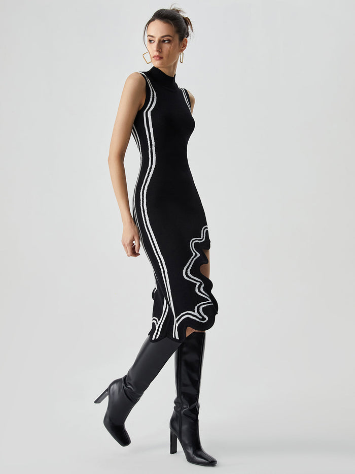 Women's Knitted Midi Dress Sleeveless High Neck Ruffle