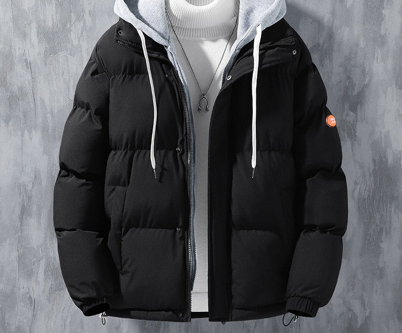 Man wearing a hooded puffer jacket