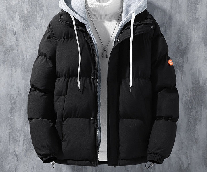 Man wearing a hooded puffer jacket