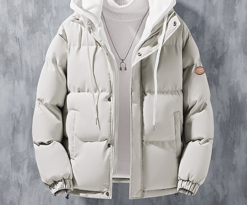 Man wearing a hooded puffer jacket