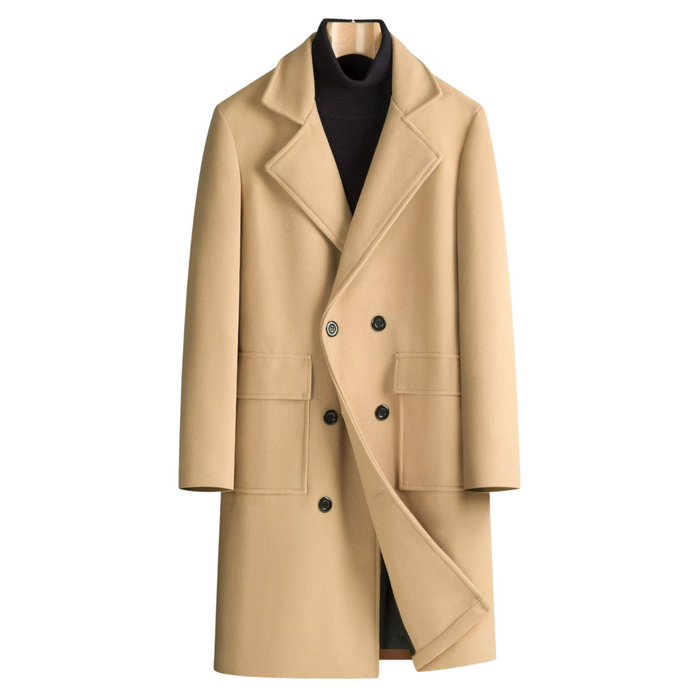 Men's Double-Breasted Camel Overcoat with Peak Lapel