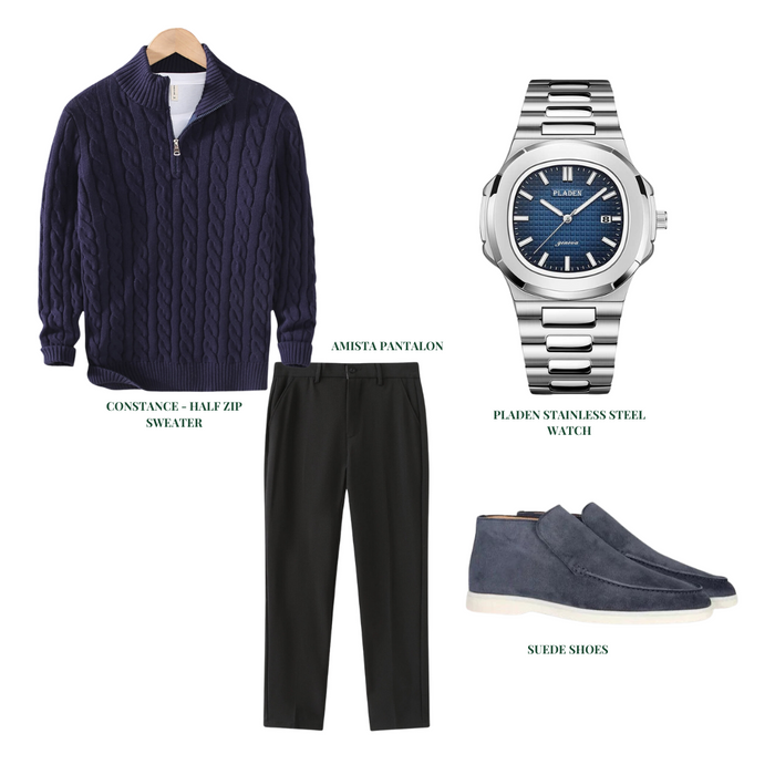 Cable-Knit Half-Zip Outfit Bundle with Trousers Shoes Watch
