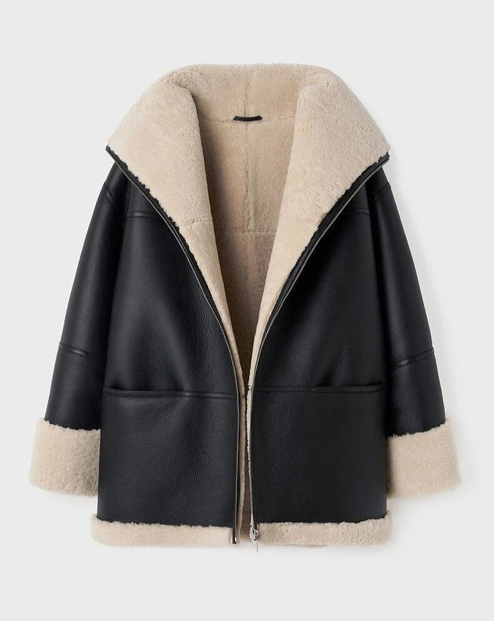 Women's Reversible Shearling Aviator Jacket with Zip Front