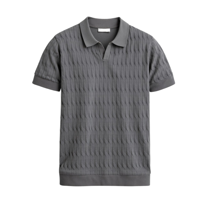 Men's Cable Knit Polo with V-Neck and Short Sleeves