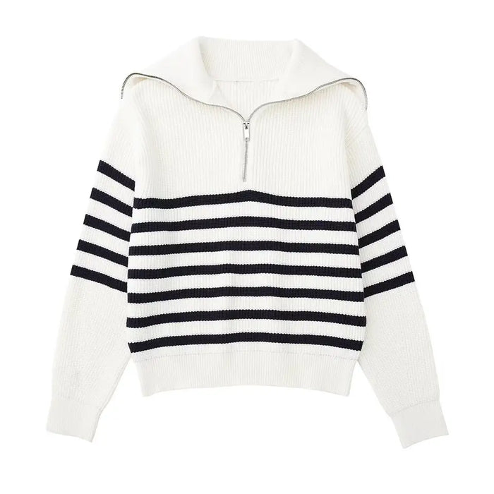 Women's Striped Half-Zip Jumper with Ribbed Collar