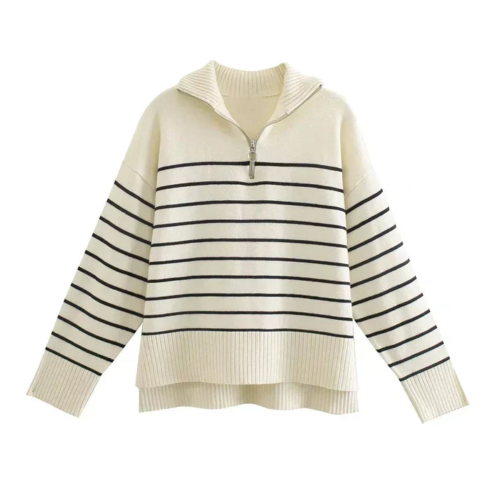 Women's Striped Half-Zip Jumper with Ribbed Collar