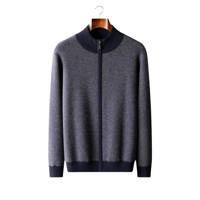 Men's Zip Cardigan with Stand Collar and Ribbed Trims