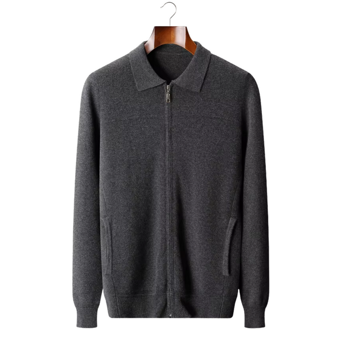 Men's Zip-Up Polo Cardigan with Ribbed Collar and Cuffs