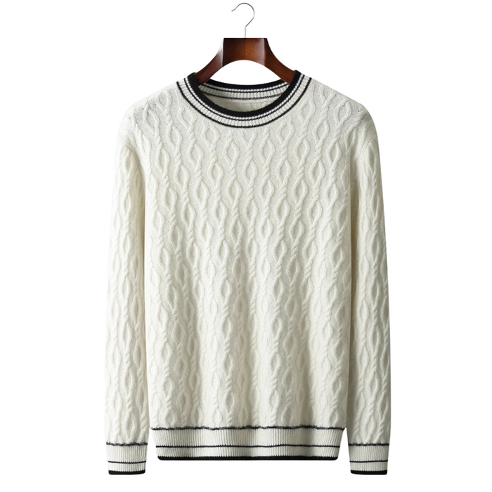 Men's Cable Knit Jumper with Striped Ribbed Trim