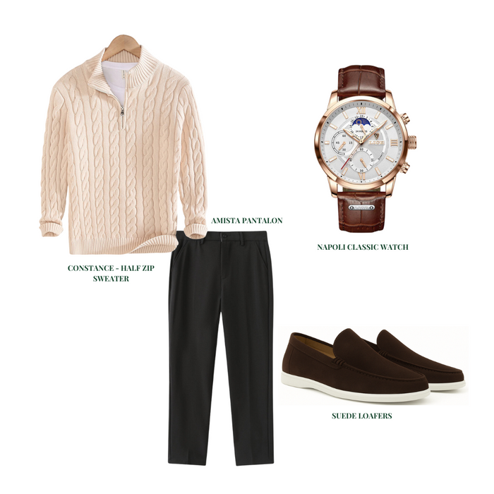 Men's Cable Half-Zip Jumper Chinos Loafers Outfit Set