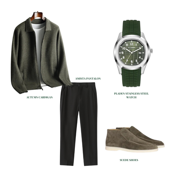 Men's Outfit Set with Cardigan Trousers Shoes and Watch