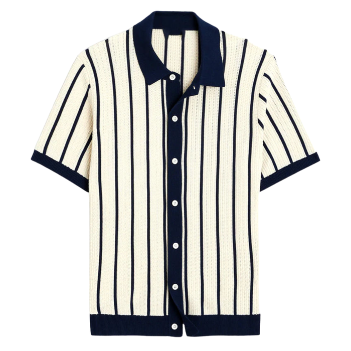 Men's Striped Knit Polo Shirt Short Sleeve Button-Front