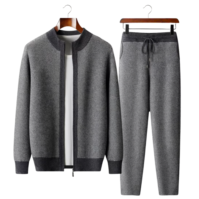 Men's Herringbone Zip-Up Tracksuit Set Drawstring