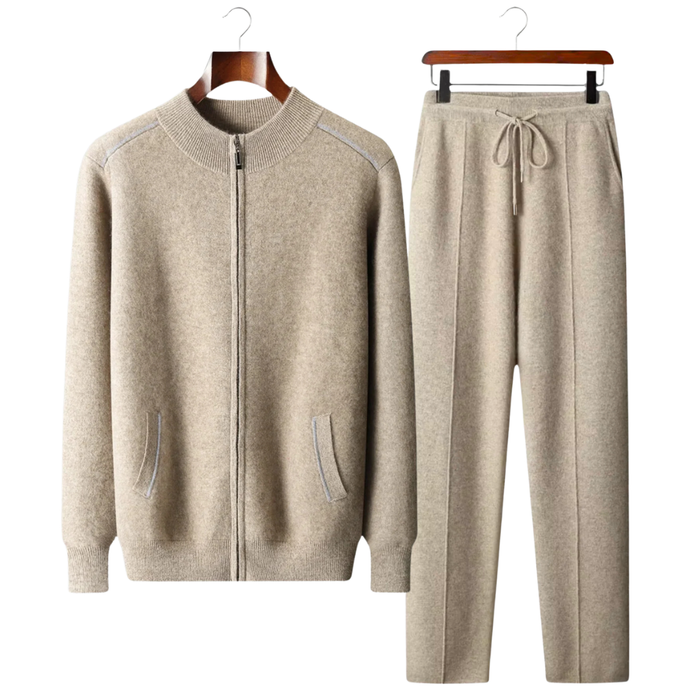 Men's Zip Leisure Set with Ribbed Collar and Drawstring