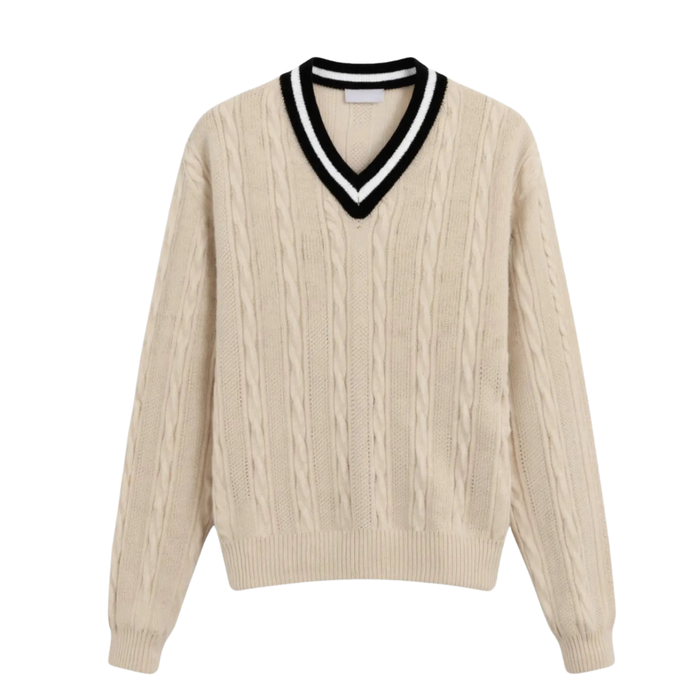 Women's Cable Knit V-Neck Sweater with Contrast Trim