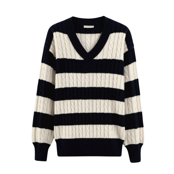 Women's Cable Knit Striped V-Neck Jumper Drop Shoulder