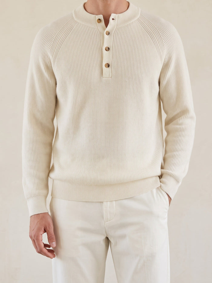 Men's Ribbed Jumper with Button Neck and Raglan Sleeves