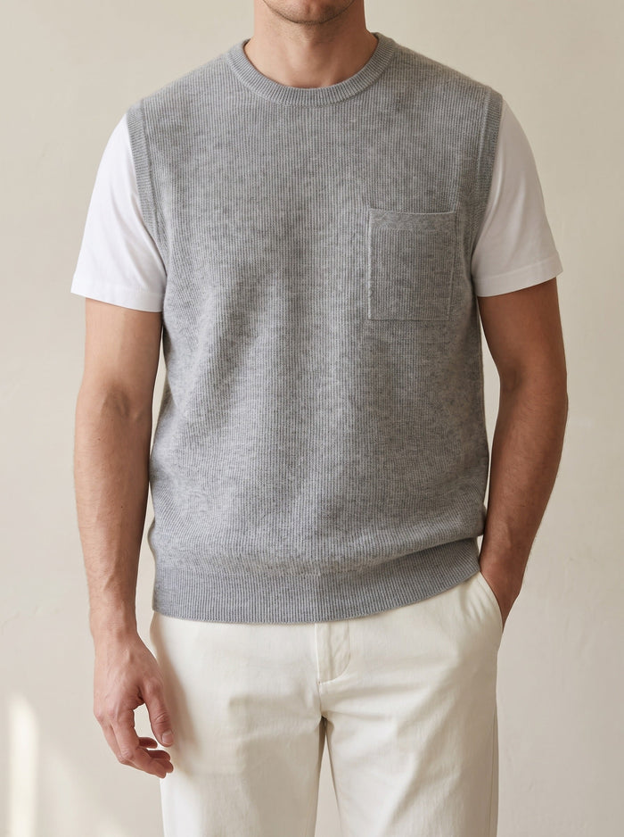 Men's Sleeveless Knit Vest with Crew Neck and Chest Pocket