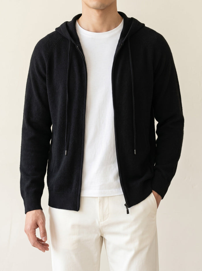 Men's Hooded Cardigan Zip Front Ribbed Cuffs