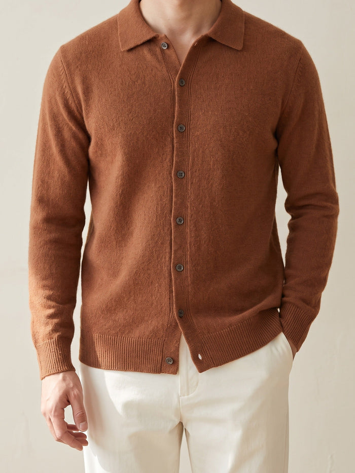 Men's Collared Button-Front Cardigan with Ribbed Trims