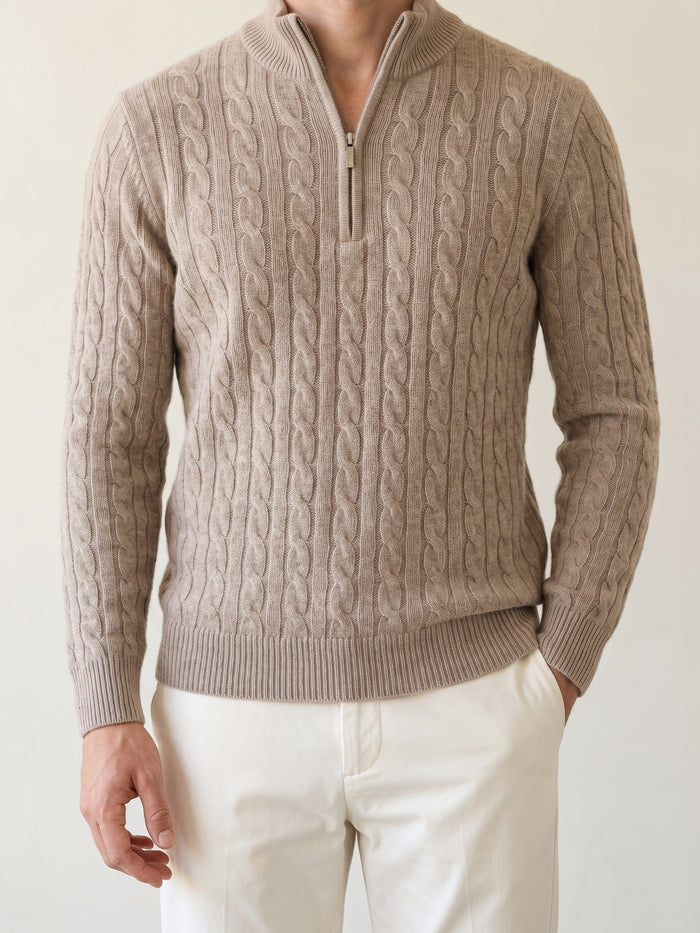 Men's Cable Knit Half-Zip Jumper with Ribbed Collar