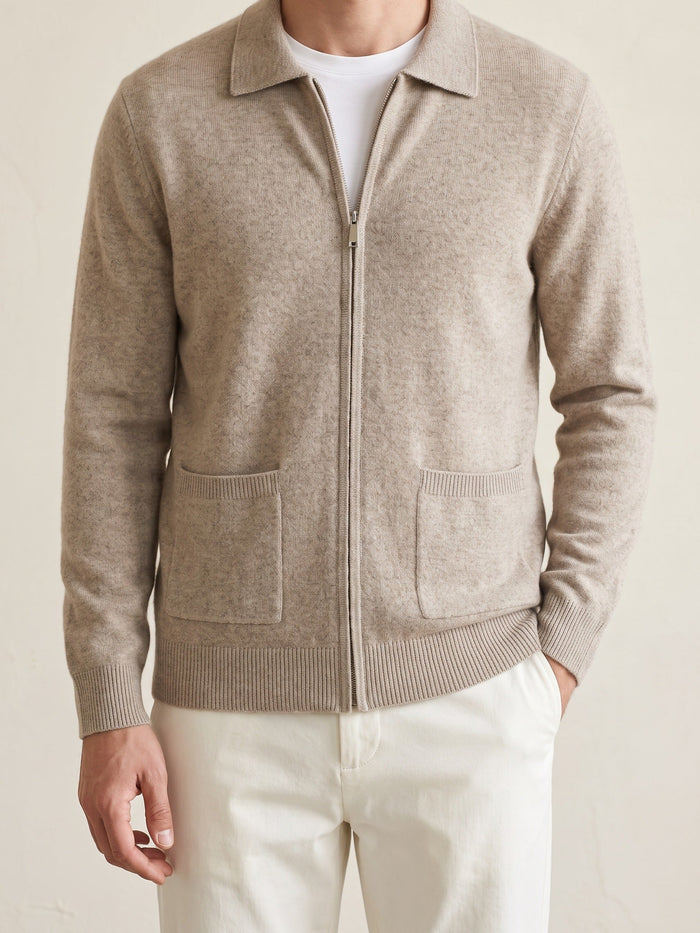 Men's Zip-Front Cardigan with Collar and Patch Pockets